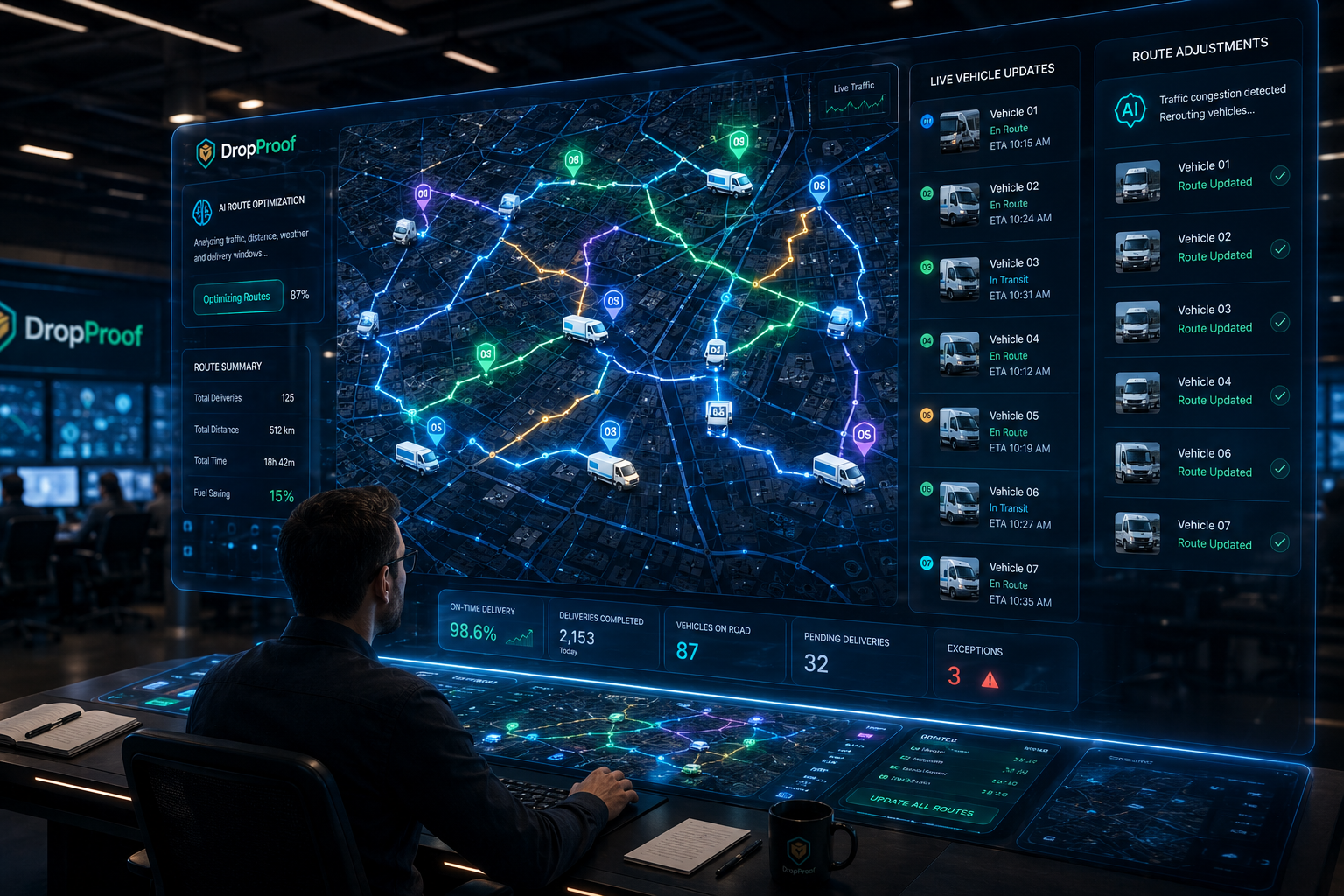 DropProof route planning dashboard showing optimized delivery routes, live vehicle updates, and route adjustments